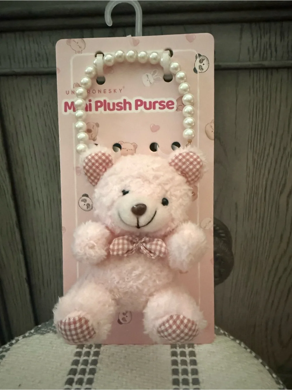 Under One Sky Pink Plush Bear Mini Purse with Pearl Bead Handle